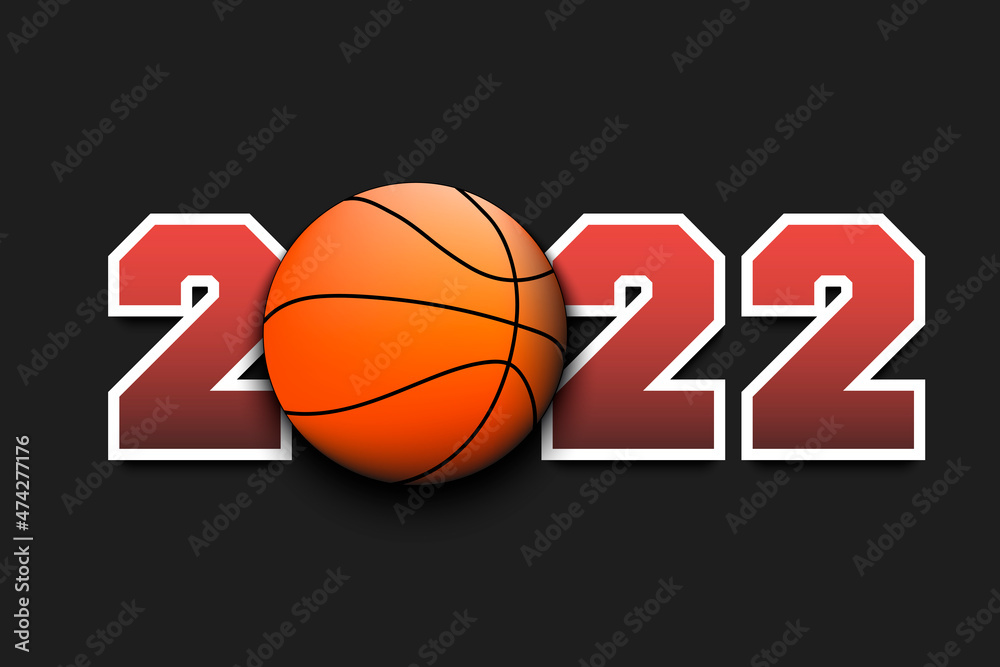 New Year numbers 2022 and basketball ball on an isolated background. Design pattern for greeting card, banner, poster. Vector illustration