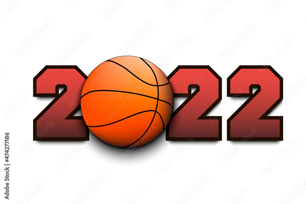 New Year numbers 2022 and basketball ball on an isolated background. Design pattern for greeting card, banner, poster. Vector illustration