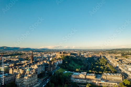 Aerial view of Holyrood Park is the largest of Edinburgh's royal parks. Edinburgh's Holyrood Park popular tourist destinations in the city. People enjoy the beautiful lakes, ponds, natural woodlands