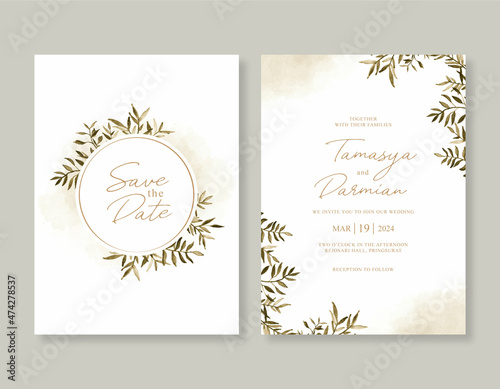 Wedding invitation template with watercolor leaves