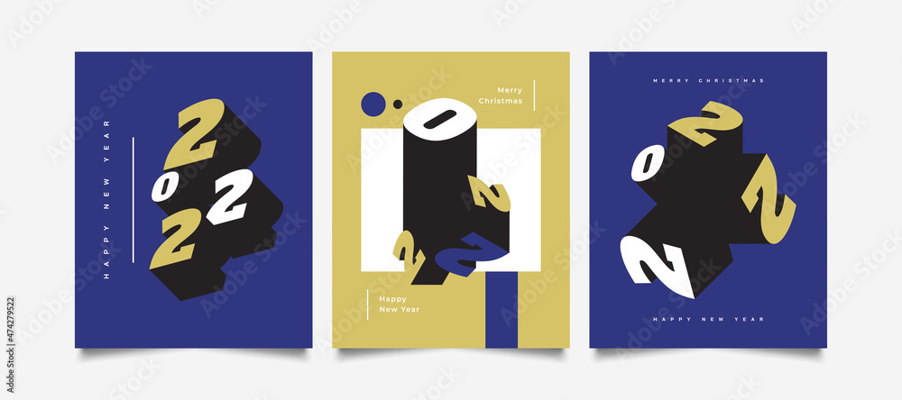 Fototapeta premium Happy New Year 2022 Poster Set Design with 3D and Minimalist Style. New Year Celebration Design Template for Flyer, Poster, Brochure, Card, Banner or Postcard
