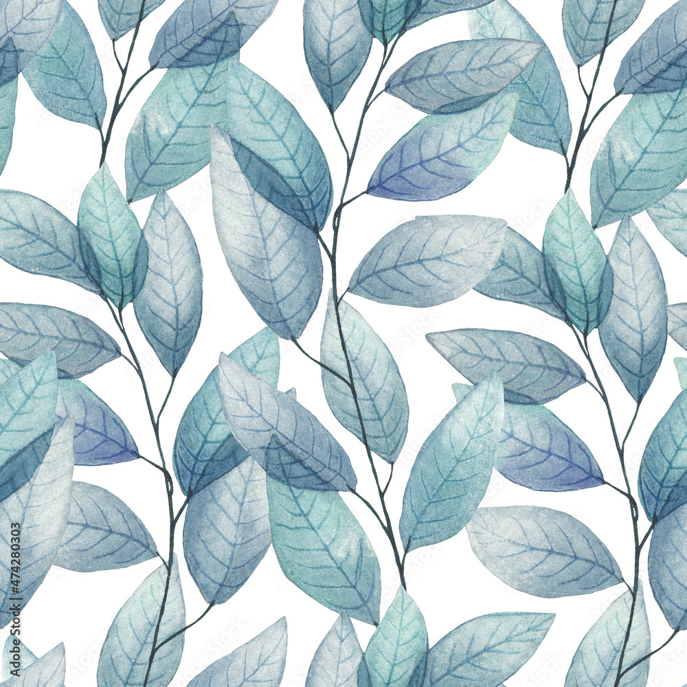 Leaves and branches seamless pattern. Watercolor leaves ornament. Translucent foliage Botanical illustration