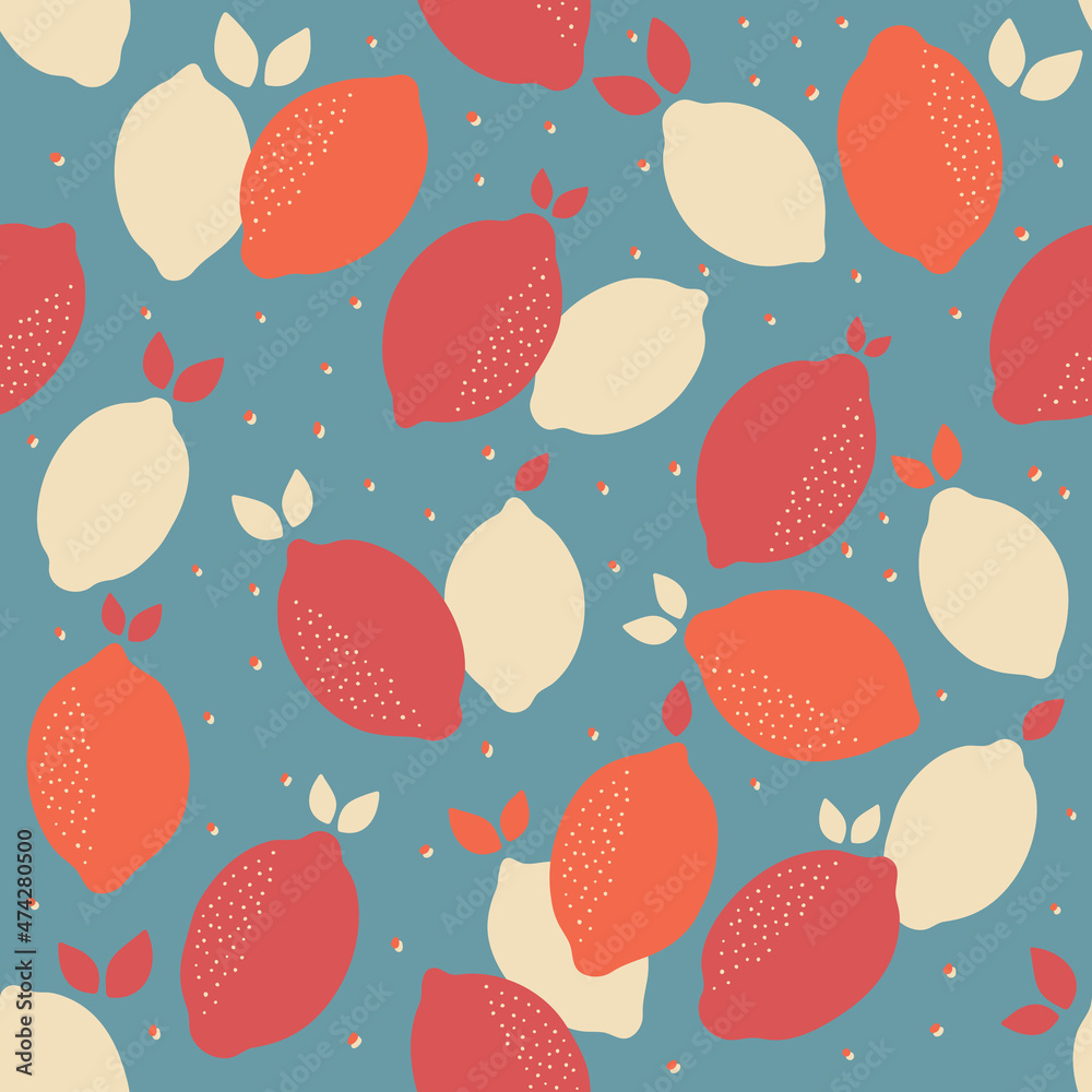 Tropical seamless pattern with lemons on a blue background. Fruit repeated background. Vector bright print for fabric or wallpaper. Tropical seamless pattern with lemons on a blue background. Fruit repeated background. Vector bright print for fabric or wallpaper.