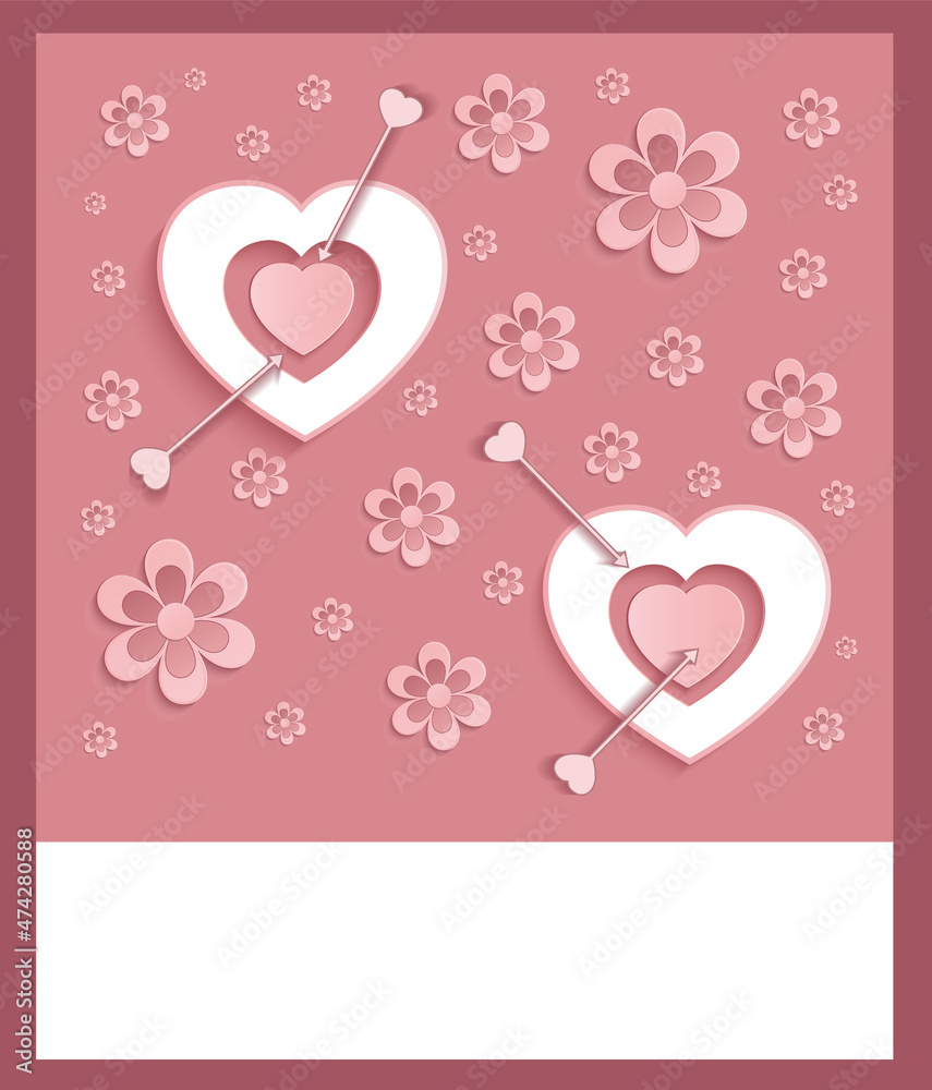 Heart, pink greeting card, flower background, blank