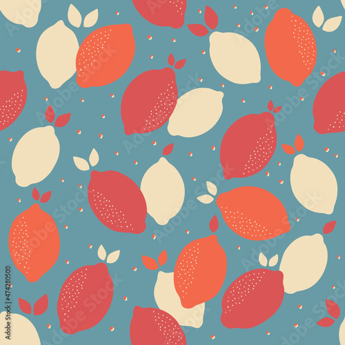 Tropical seamless pattern with lemons on a blue background. Fruit repeated background. Vector bright print for fabric or wallpaper.