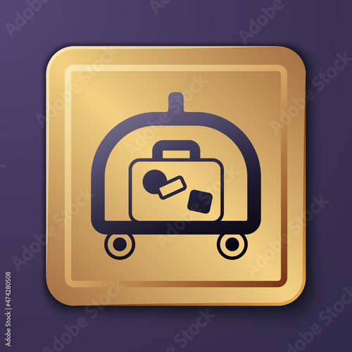 Purple Hotel luggage cart with suitcase icon isolated on purple background. Traveling baggage sign. Travel luggage icon. Gold square button. Vector