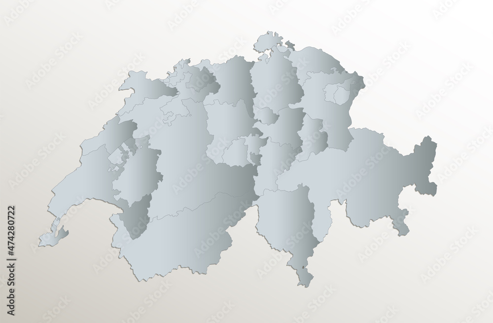 Switzerland map, administrative division, white blue card paper 3D blank