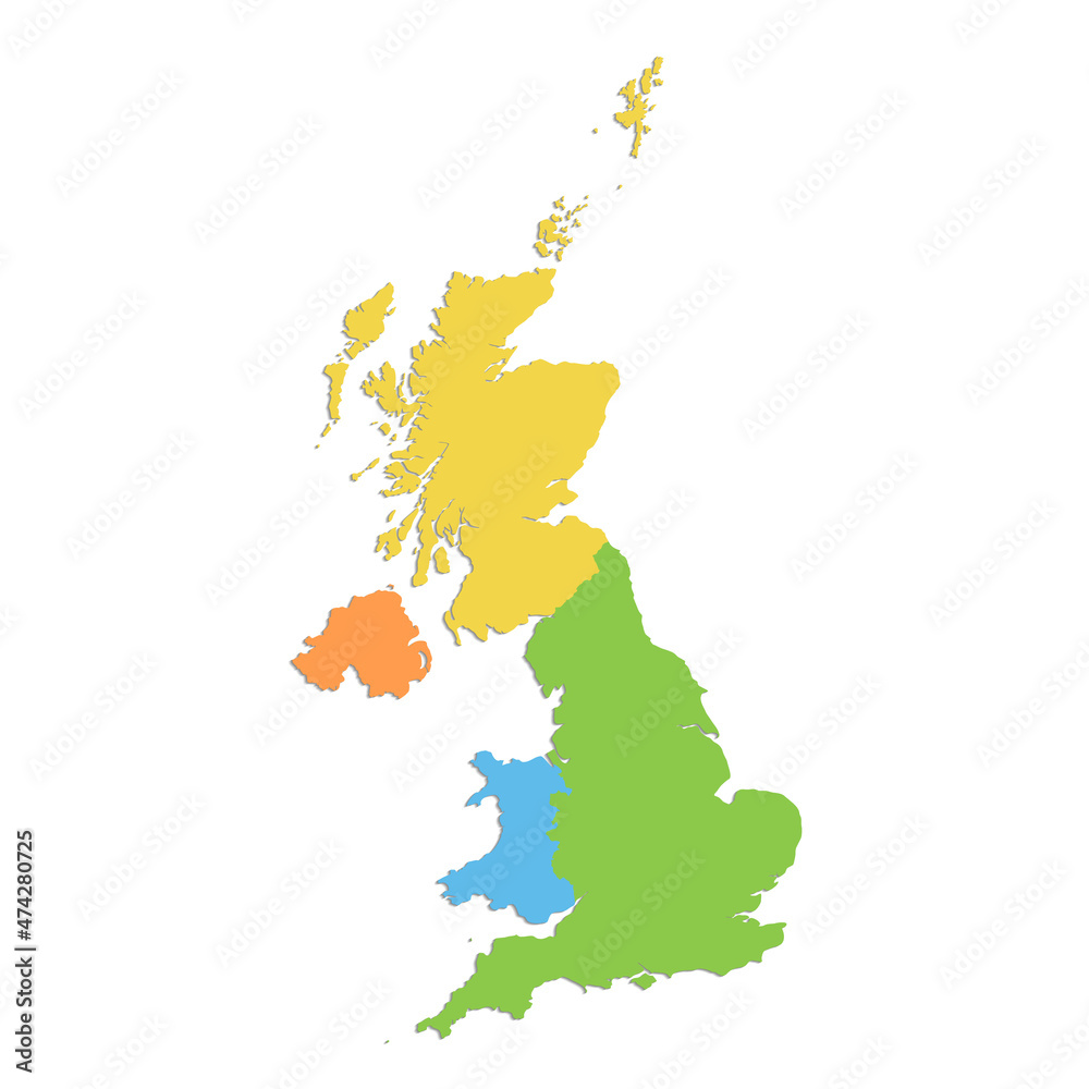 Naklejka premium United Kingdom map, administrative division, separate individual regions, color map isolated on white background, blank