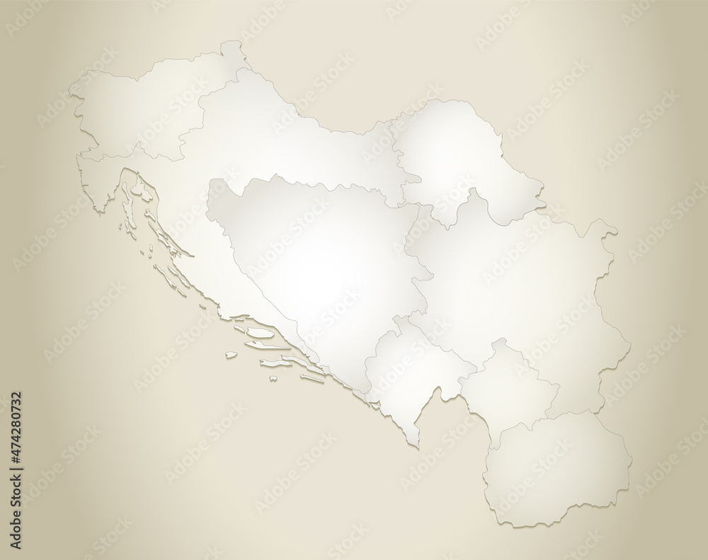 Yugoslavia map, administrative division with names, old paper ...