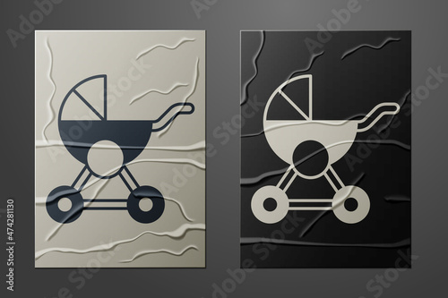 White Baby stroller icon isolated on crumpled paper background. Baby carriage, buggy, pram, stroller, wheel. Paper art style. Vector