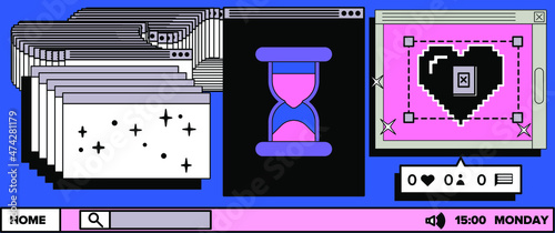 Abstract retrofuturistic collage with user interface elements looking like a program or a computer game. Vaporwave style aesthetics.