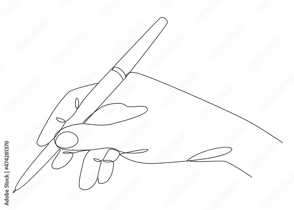 Silhouettes of a brush with a pen in a modern one line style. The man  writes. Continuous line drawing, aesthetic outline for home decor, posters,  wall art, stickers, logo. Vector illustration. Stock