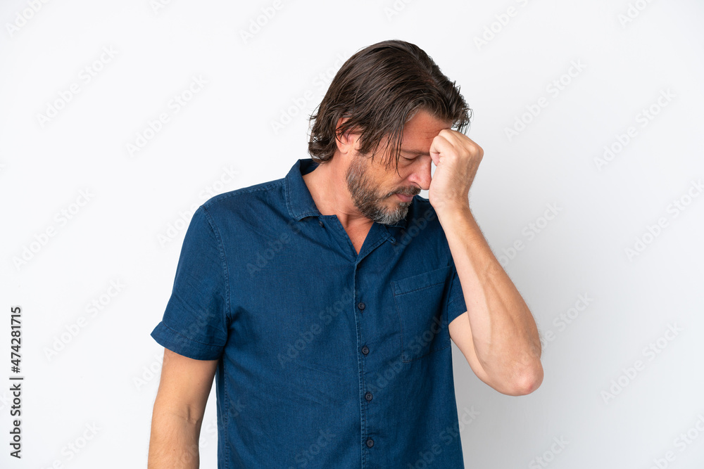 Senior dutch man isolated on white background with headache Senior dutch man isolated on white background with headache