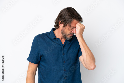Senior dutch man isolated on white background with headache