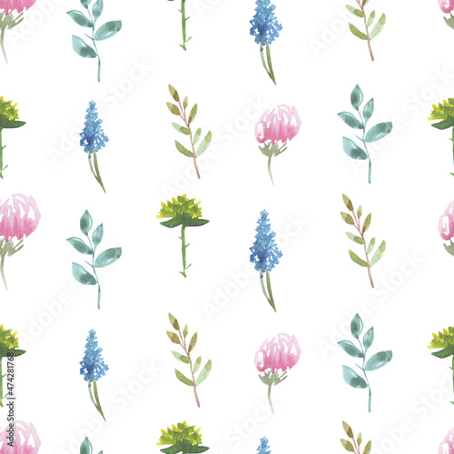 Seamless pattern of wildflowers and plants on a white background. Good for weddings, birthdays, wedding cards, invitations, mother's day, baby textiles.