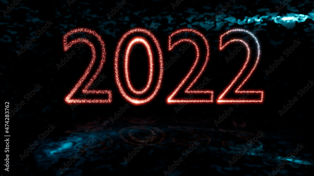Close up of shiny red neon number 2022 over ice blue reflective ground.  Happy new year 2022. 3d rendering