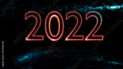 Close up of shiny red neon number 2022 over ice blue reflective ground. Happy new year 2022. 3d rendering