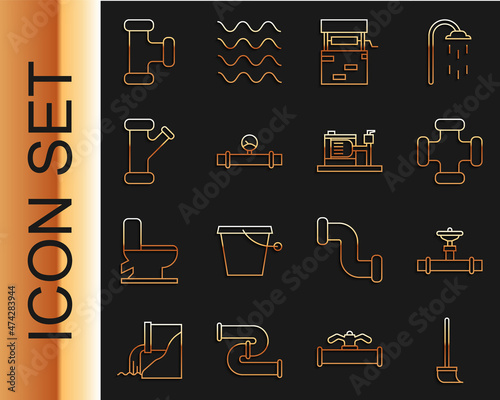 Set line Mop, Industry pipe and valve, metallic, Well, manometer, and Electric water pump icon. Vector