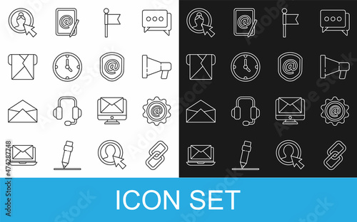 Set line Chain link, Mail and e-mail, Megaphone, Location marker, Clock, Envelope, Create account screen and Shield with icon. Vector