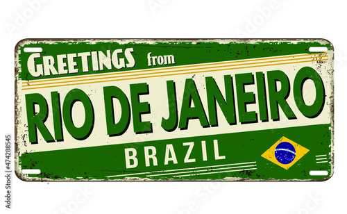 Greetings from Rio de Janeiro vintage rusty metal plate on a white background, vector illustration