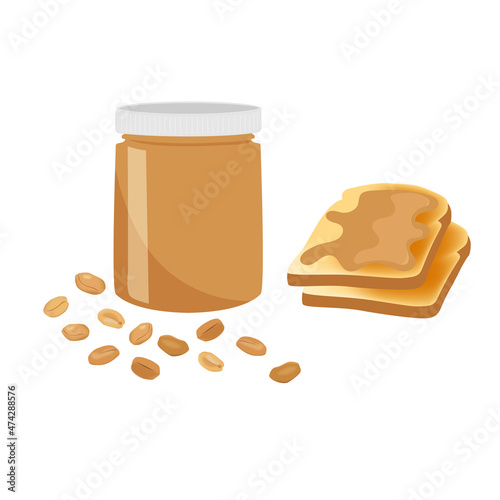 Natural peanut butter in a clear glass jar with a lid. Toast with peanut butter. Flat vector element.