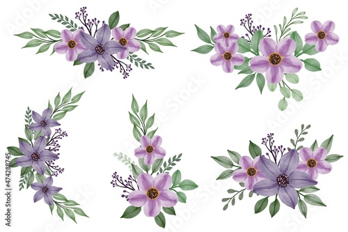 set of purple watercolor floral frame for greeting
