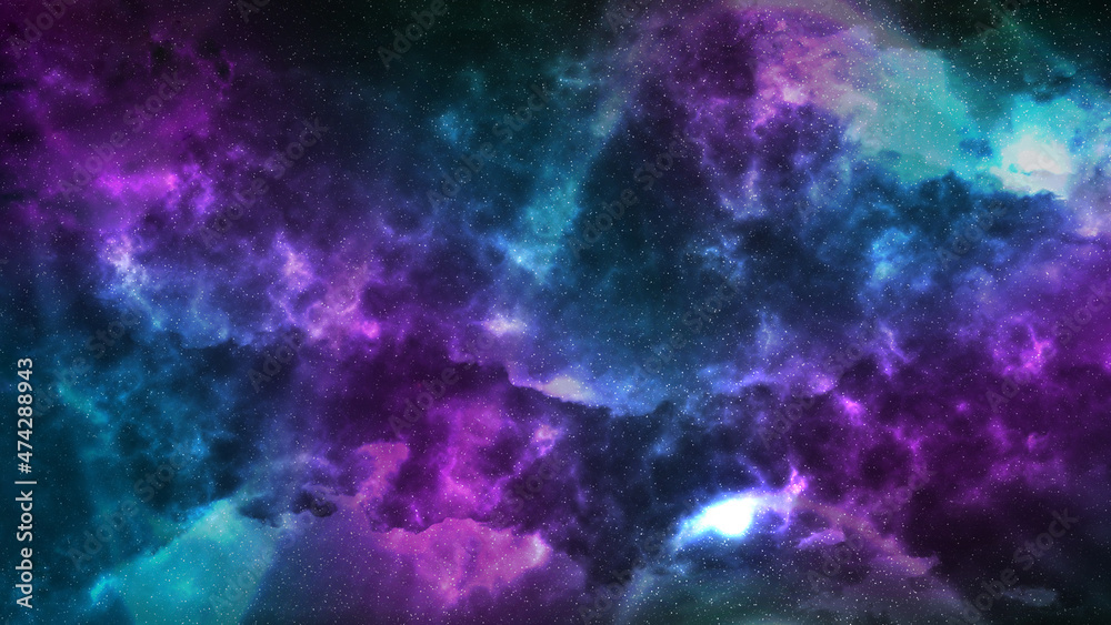 sci-fi illustration of space with large clusters of stars and galaxies in blue and purple nebulae