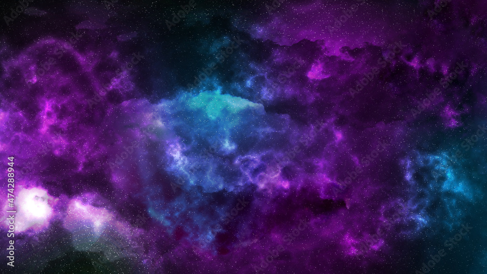 sci-fi illustration of space with large clusters of stars and galaxies in blue and purple nebulae