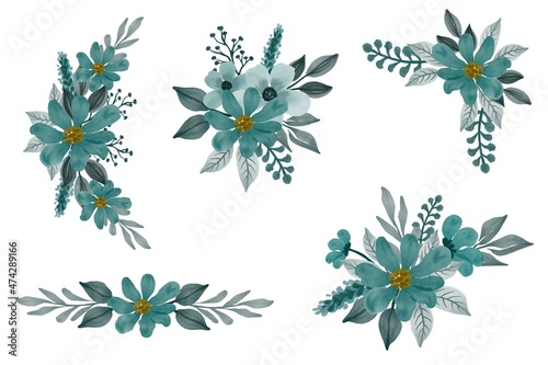 set floral watercolor of tosca green flower