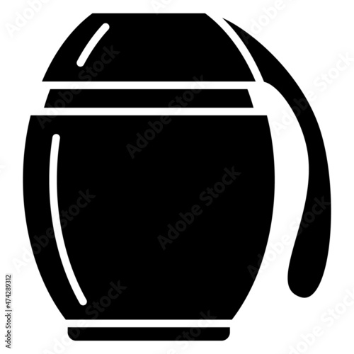 Stylish design of a roomy spherical thermos. Thermos with a side handle and a wide neck for storing food temperature. Vector icon, glyph, isolated