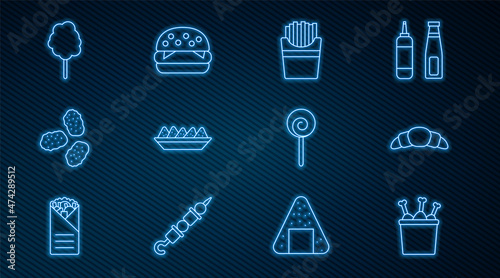 Set line Chicken leg in package box, Croissant, Potatoes french fries, Nachos plate, nuggets, Cotton candy, Lollipop and Burger icon. Vector