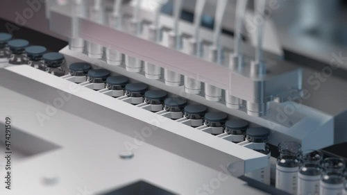 COVID 19 coronavirus vaccine ampules, bottles development. Machine puts bottle caps. Pharmaceutical mass production line, manufacturing row or conveyor belt. Pharmacy factory. Laboratory. 3D Render 4K