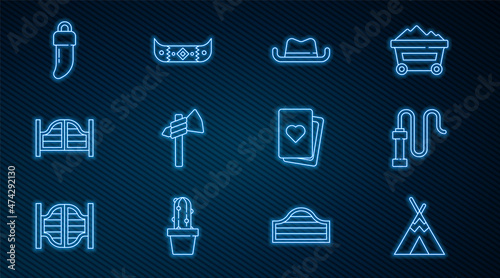 Set line Indian teepee or wigwam, Leather whip, Western cowboy hat, Tomahawk axe, Saloon door, Tooth, Deck of playing cards and Kayak canoe and paddle icon. Vector