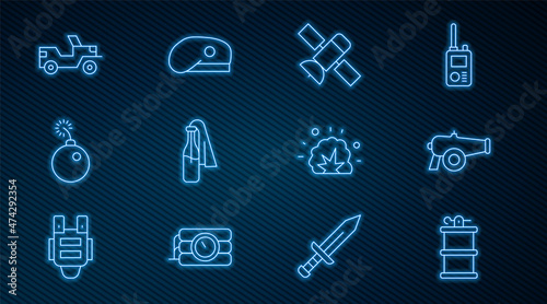 Set line Hand smoke grenade, Cannon, Satellite, Cocktail molotov, Bomb ready explode, Military jeep, explosion and beret icon. Vector