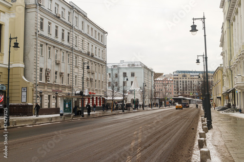 Moscow, Russia, Dec 02, 2021: Malaya Dmitrovka street. Lanterns. Old Houses