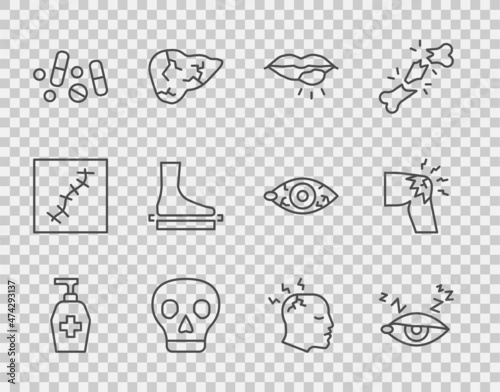 Set line Liquid antibacterial soap, Insomnia, Herpes lip, Skull, Medicine pill or tablet, Flat foot, Man having headache and Joint pain, knee pain icon. Vector