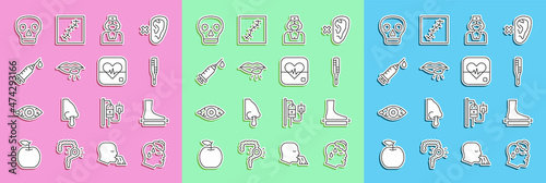 Set line High human body temperature, Flat foot, Medical thermometer, Nurse, Herpes lip, Syringe, Skull and Heart rate icon. Vector