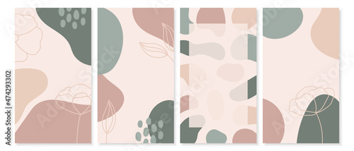 Social media stories backgrounds with abstract shapes, hand drawn flowers and leaves. Pastel beige and green colors. Floral covers. Vector template with space for text and images.