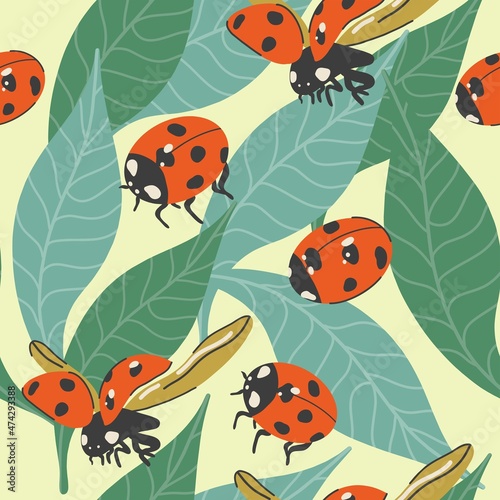 Ladybugs and leaves vector seamless pattern for decoration, packaging, textiles. Flat design, hand-drawn cartoon. © Екатерина Перанова