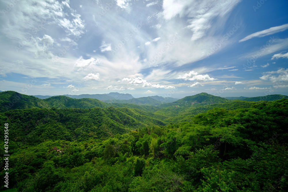 wide angle landscape greenery forest hills with cloudy blue sky
