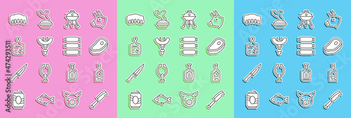 Set line Meat chopper, Tabasco sauce, Steak meat, Barbecue grill, Sausage on the fork, Cutting board, Grilled pork bbq ribs and icon. Vector