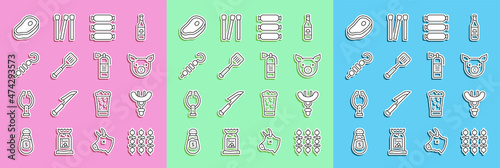 Set line Grilled shish kebab, Sausage on the fork, Pig, Spatula, Steak meat and Fire extinguisher icon. Vector
