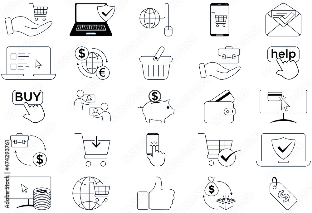 Fototapeta premium E-commerce and online payments icon set. High quality information single outline symbol for web design or mobile app. Vector icons isolated on a white background. Editable Stroke.