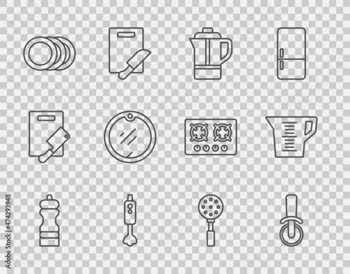 Set line Pepper, Pizza knife, Teapot, Blender, Plate, Cutting board, Spatula and Measuring cup icon. Vector