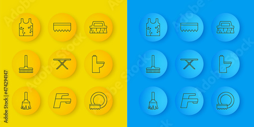 Set line Feather broom, Handle, Ironing board, Washing dishes, Toilet bowl, Dirty t-shirt, Brush for cleaning and Sponge icon. Vector