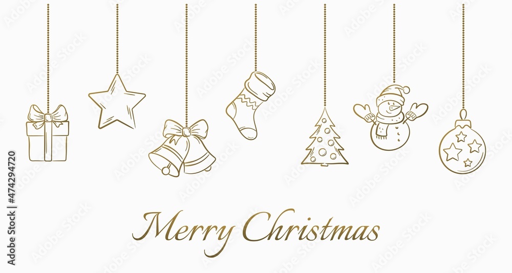 Naklejka premium hand drawn christmas greeting card. gift, snowman, sock, star and bells. illustrations for christmas design