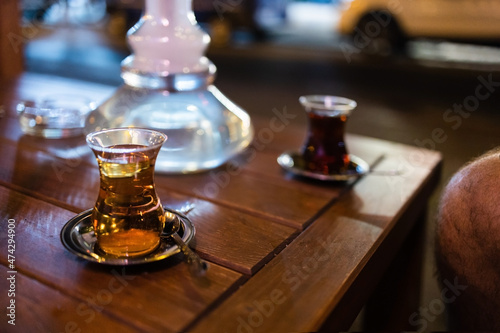 traditional Turkish apple tea and hookah in a hookah bar in Turkey