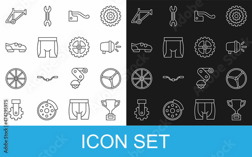 Set line Award cup with bicycle, Bicycle wheel, head lamp, brake, Cycling shorts, shoes, frame and sprocket crank icon. Vector