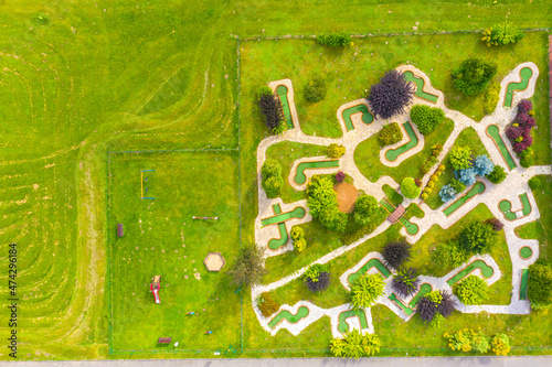 Aerial view of model and building garden