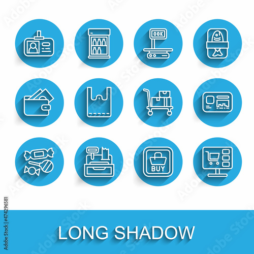 Set line Candy, Cash register machine, Identification badge, Buy button, Shopping cart computer, Paper shopping bag, and Hand truck boxes icon. Vector
